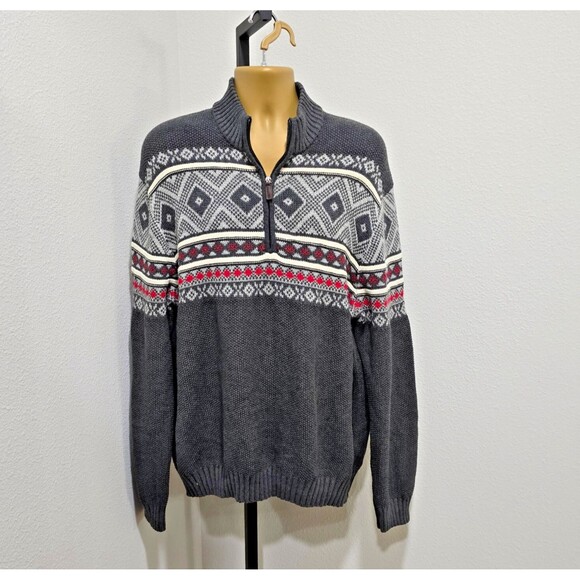 Fair Isle Ski Sweater Mens XXL Gray White Red Nordic Alpine 1/4 Zip Winter Snow - Picture 1 of 9